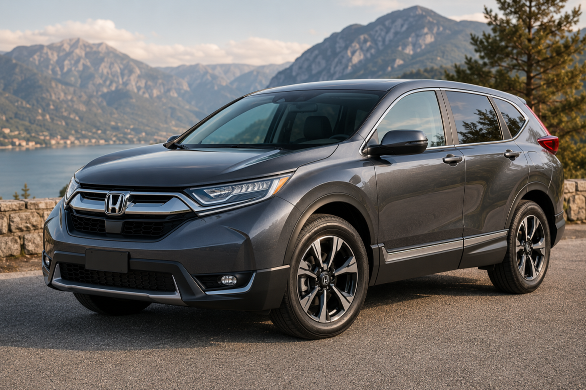 Сіра Honda CR-V п'ятого покоління стоїть на дорозі на тлі гір і озера