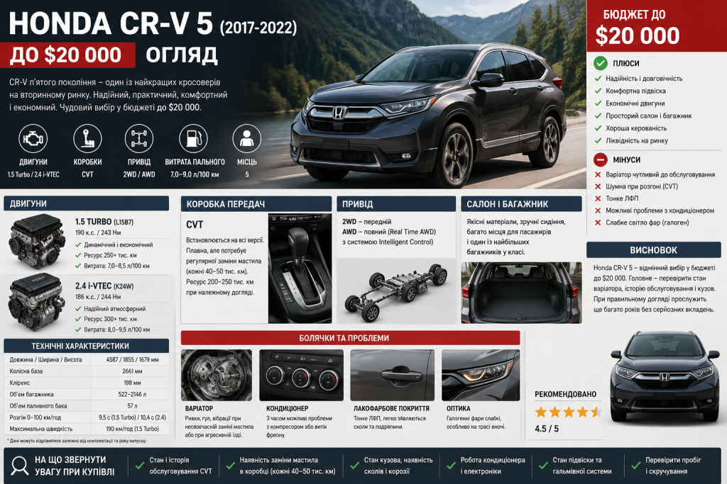 Інфографіка з оглядом Honda CR-V 5 покоління з технічними характеристиками, двигунами, типовими проблемами, плюсами та мінусами і порадами при купівлі