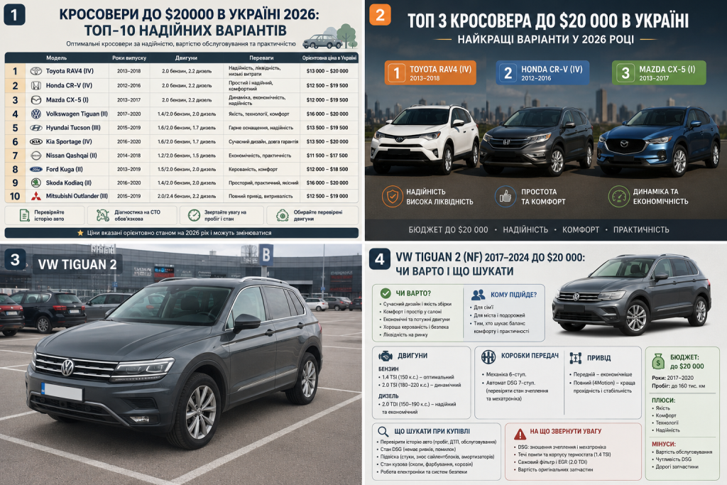 Інфографіка з таблицею топ-10 кросоверів до $20 000 в Україні — Toyota RAV4, Honda CR-V, Mazda CX-5, VW Tiguan та інші з цінами та характеристиками