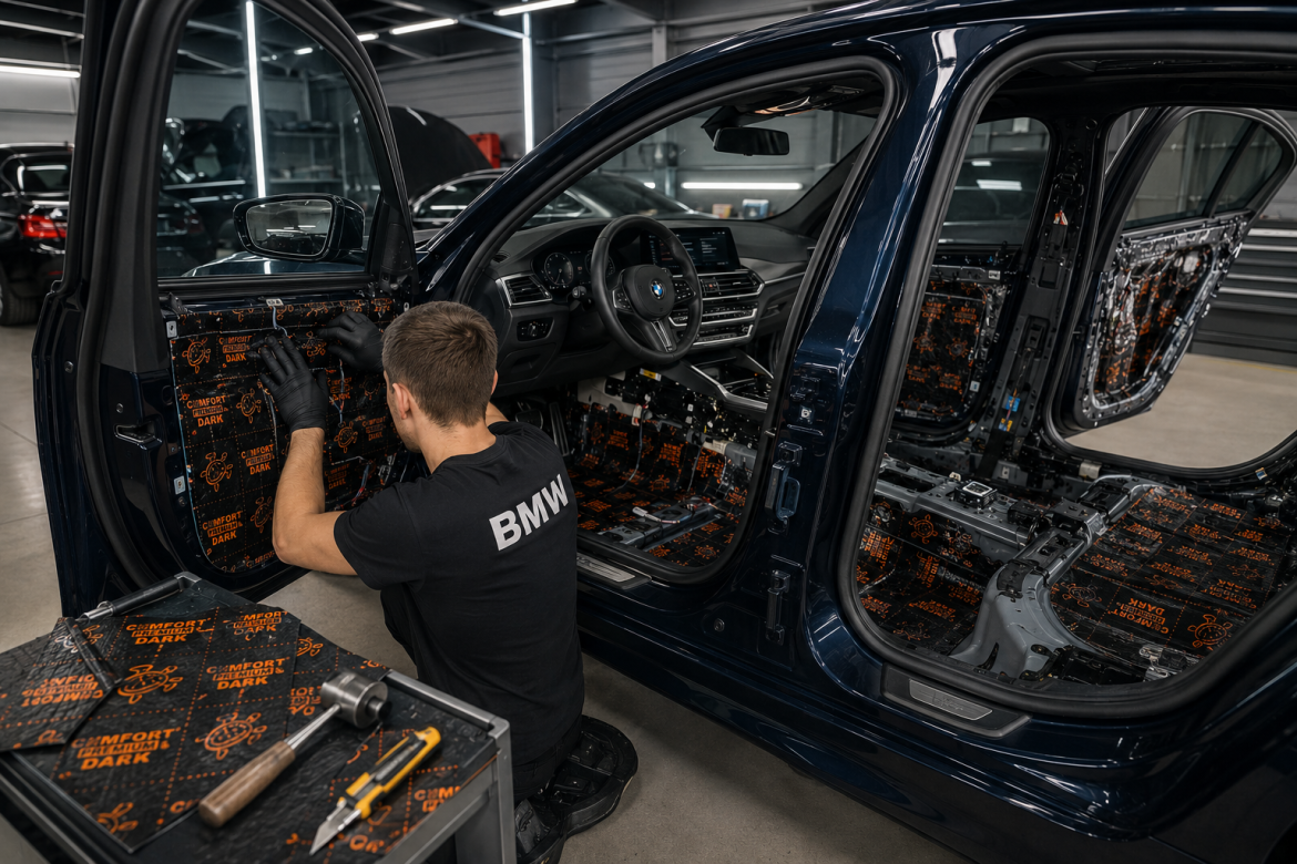 Майстер у формі BMW наклеює шумоізоляційний матеріал Comfort Premium Dark на внутрішню панель дверей синього BMW X3 в автосервісі