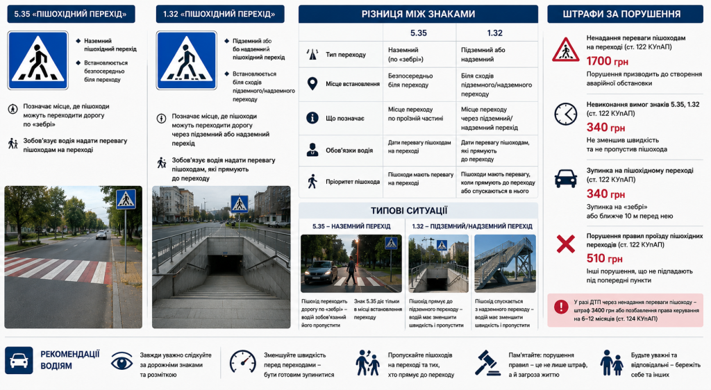 Інфографіка з поясненням різниці між знаками пішохідного переходу 5.35 і 1.32, типовими ситуаціями та розміром штрафів за порушення ПДР