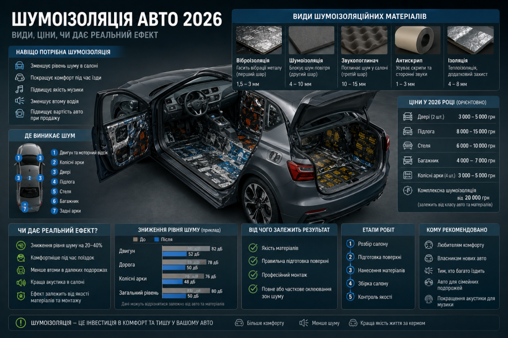 Інфографіка про шумоізоляцію автомобіля у 2026 році: види матеріалів від віброізоляції до антискрипу, орієнтовні ціни на різні зони, графік зниження рівня шуму та етапи виконання робіт