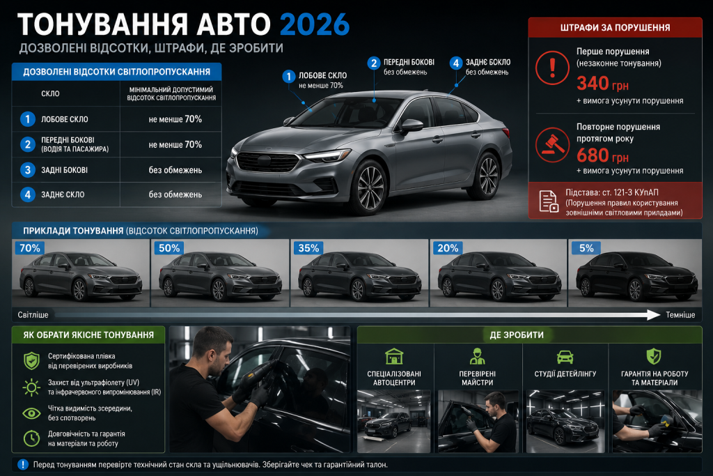 Інфографіка про тонування автомобіля у 2026 році: таблиця допустимих відсотків світлопропускання для лобового та бокових стекол, розміри штрафів за порушення та поради щодо вибору якісної плівки