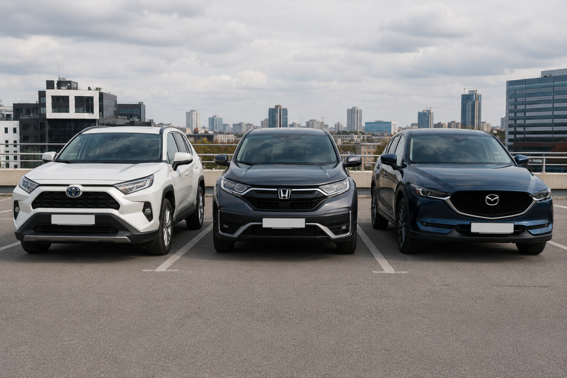 Три кросовери Toyota RAV4, Honda CR-V та Mazda CX-5 стоять поруч на парковці на тлі міської панорами