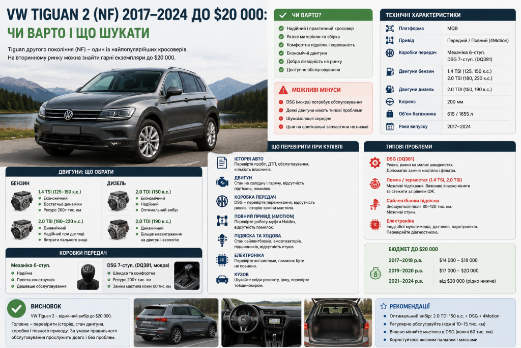 Інфографіка про Volkswagen Tiguan 2 — технічні характеристики, типи двигунів, переваги та недоліки, типові проблеми та що перевірити при покупці до $20 000