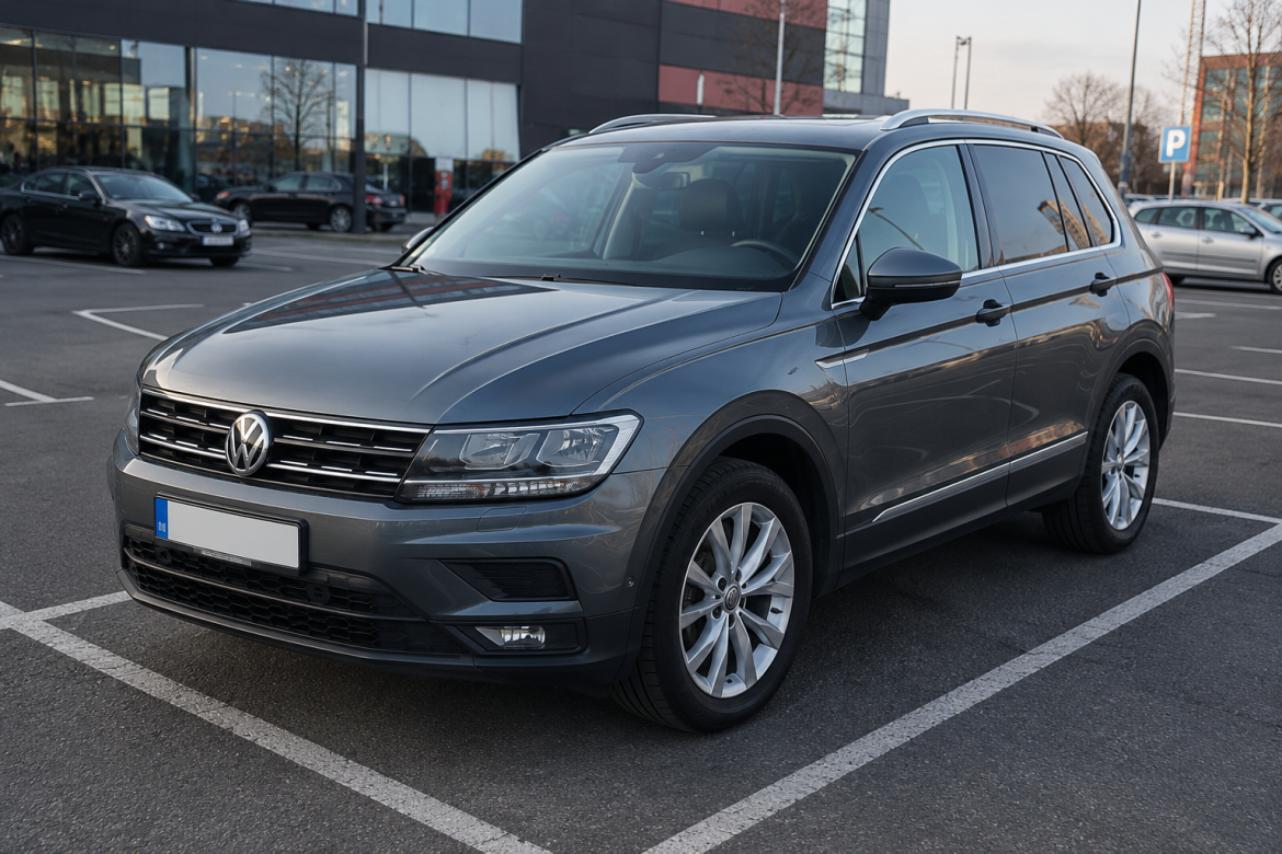 Сірий Volkswagen Tiguan другого покоління стоїть на паркінгу біля сучасного торгового центру