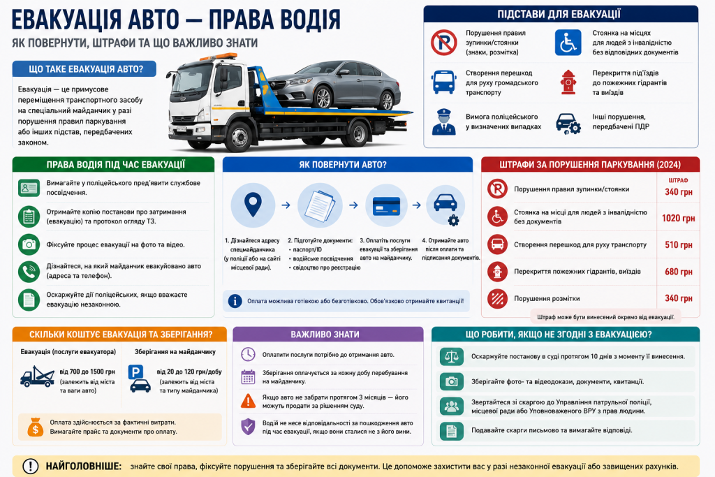 Інфографіка про евакуацію автомобіля, права водія, підстави, штрафи та повернення авто