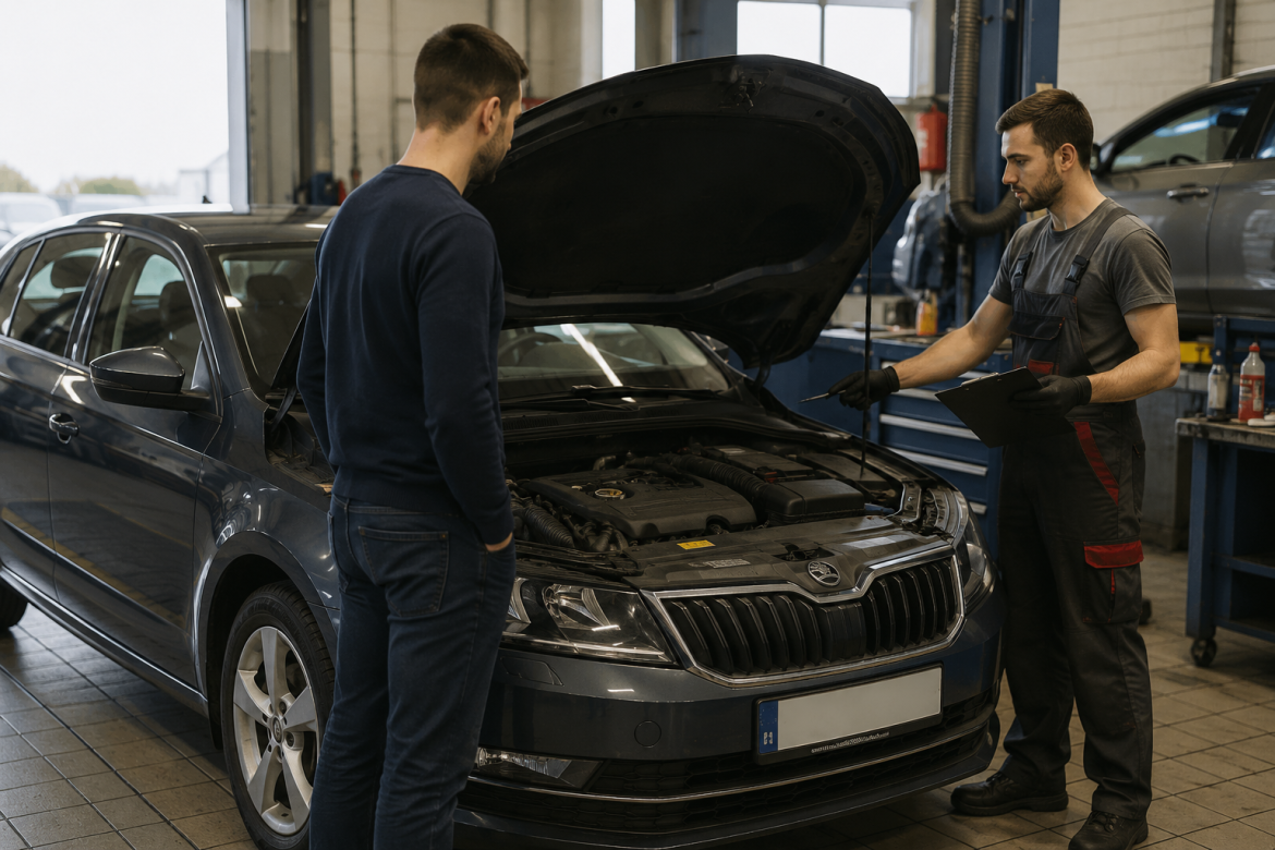 Чоловік разом з механіком оглядає двигун автомобіля Škoda на станції техобслуговування