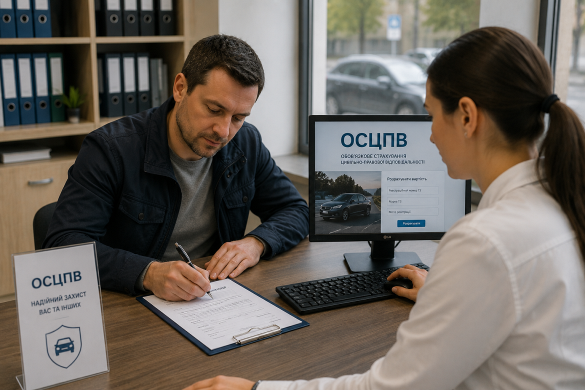 Чоловік підписує договір ОСЦПВ за столом страхового агента, на моніторі відображається сайт розрахунку вартості обов'язкового страхування