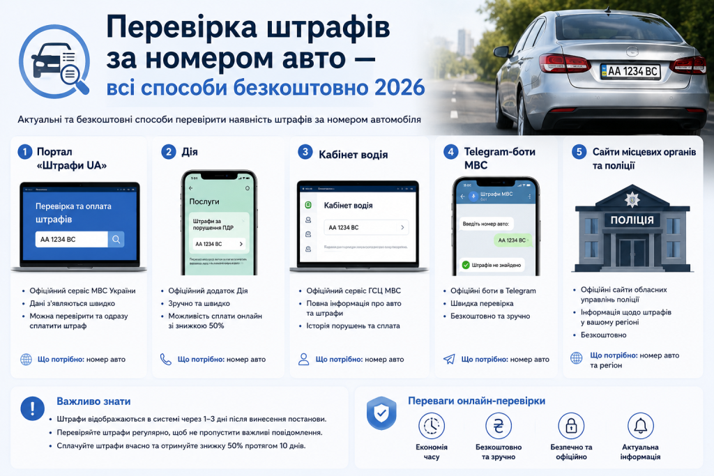 Інфографіка про безкоштовні способи перевірки штрафів за номером автомобіля