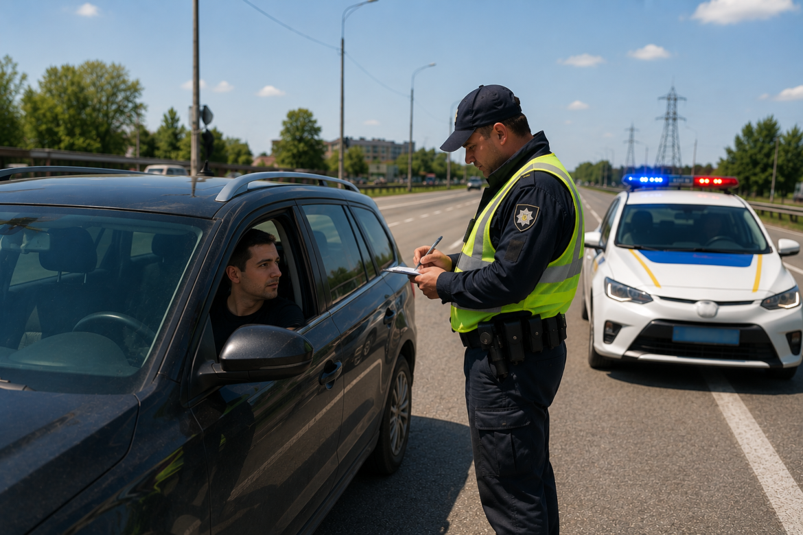Офіцер патрульної поліції в жовтому жилеті стоїть біля зупиненого автомобіля і заповнює протокол про порушення ПДР, поруч стоїть поліцейське авто з маяками