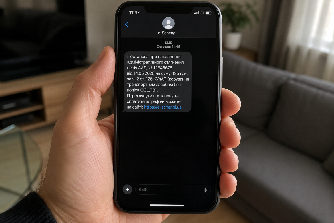 Смартфон із повідомленням про адміністративний штраф за керування автомобілем без чинного поліса ОСЦПВ. Фото ілюструє матеріали про автострахування, електронні штрафи та відповідальність водіїв.