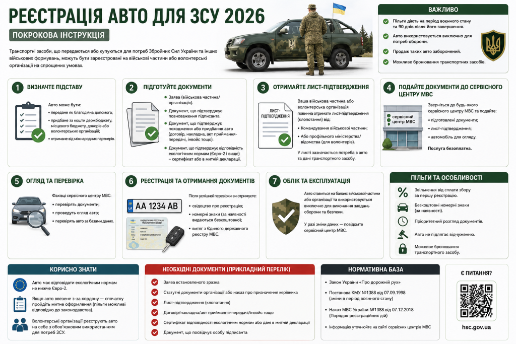 Інфографіка про порядок реєстрації автомобіля для потреб ЗСУ та необхідні документи