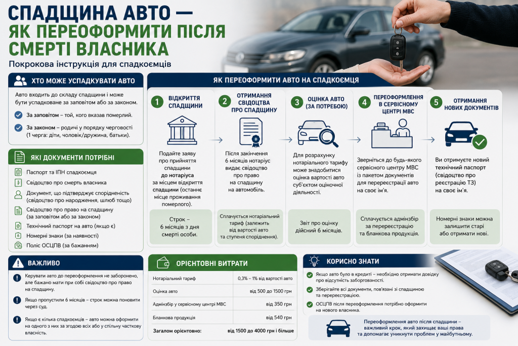 Інфографіка з покроковою інструкцією щодо переоформлення автомобіля у спадщину після смерті власника. Пояснення процедури, необхідних документів, строків, витрат та оформлення авто через сервісний центр МВС.