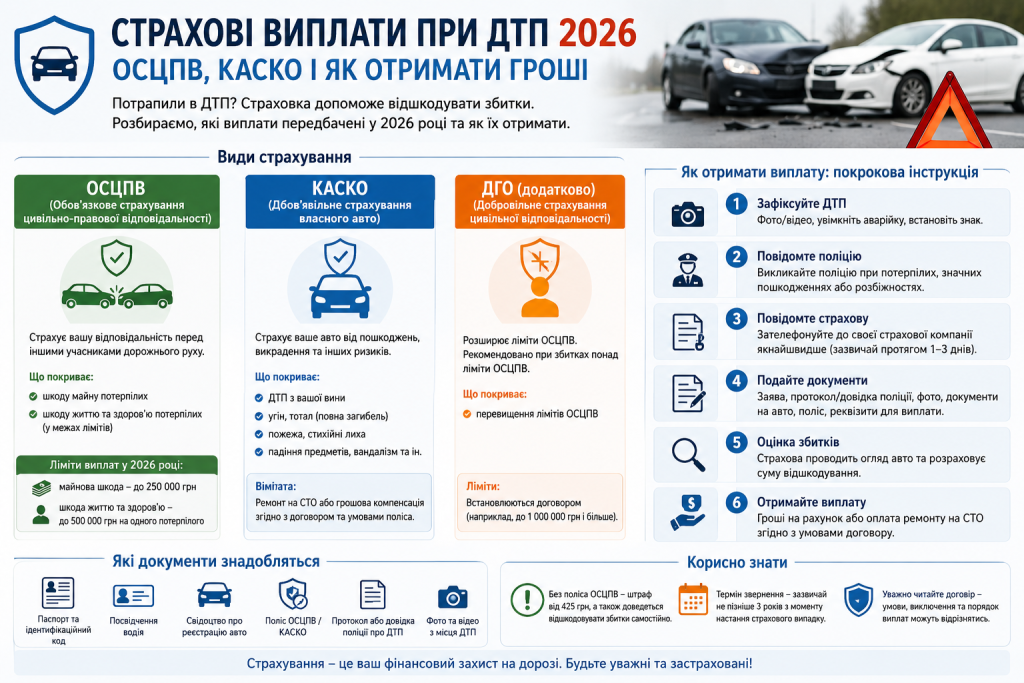 Інфографіка про страхові виплати при ДТП у 2026 році — види страхування ОСЦПВ, КАСКО, ДГО та покрокова інструкція отримання виплати