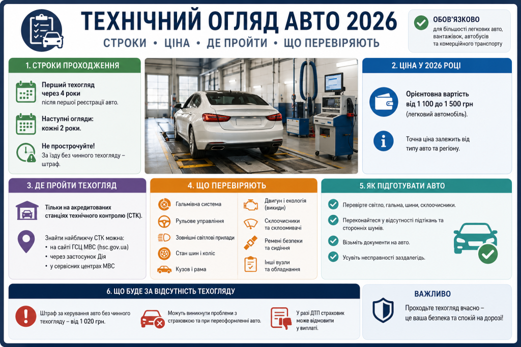 Інфографіка про технічний огляд авто в Україні у 2026 році — строки проходження, вартість та перелік перевірок