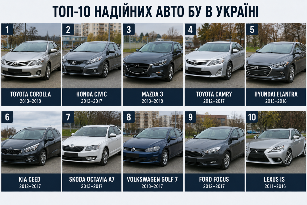 Колаж із фото топ-10 надійних вживаних авто в Україні з назвами моделей та роками випуску