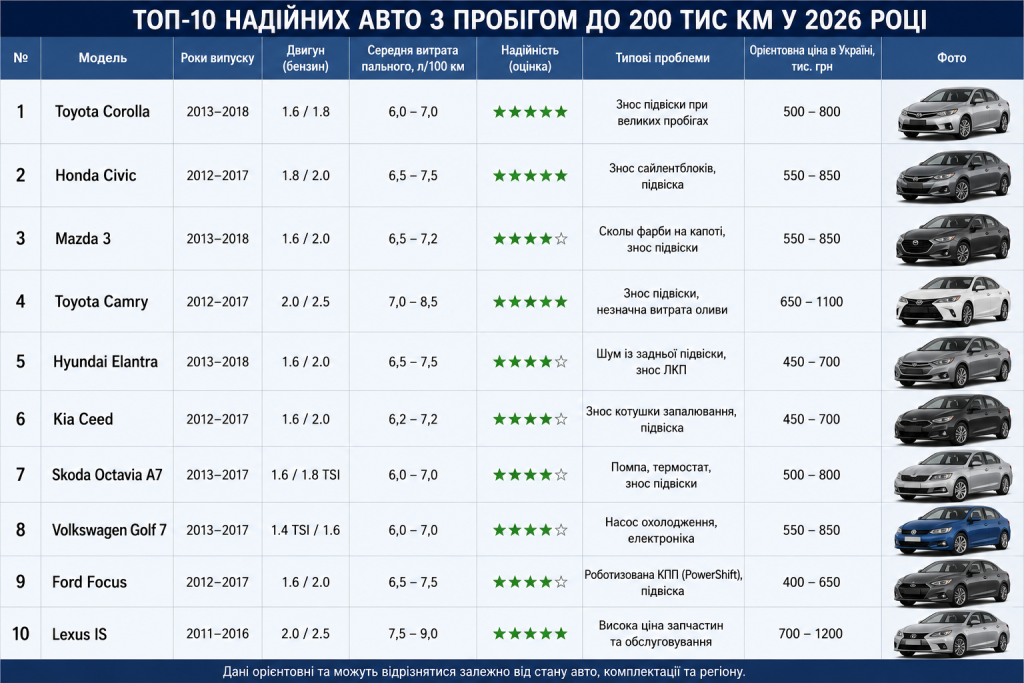 Таблиця з топ-10 надійних авто з пробігом: моделі, роки випуску, двигун, витрата пального, надійність та ціни в Україні