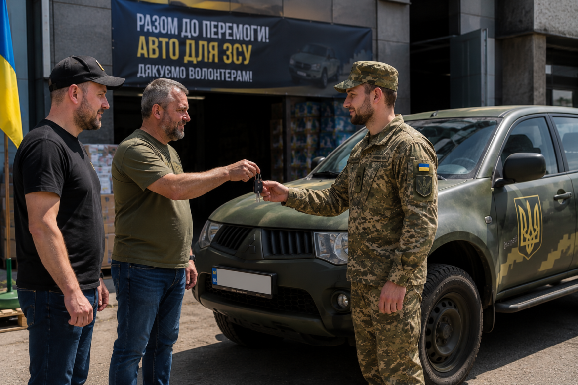 Волонтери передають ключі від автомобіля українському військовому біля пікапа
