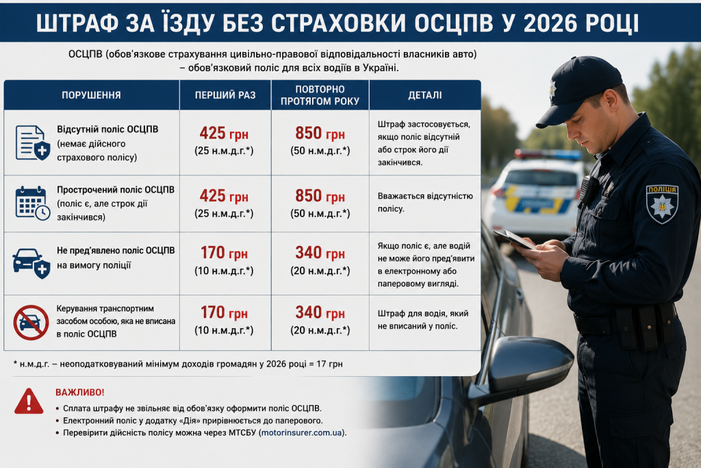 Інфографіка з актуальними штрафами за відсутність або прострочення поліса ОСЦПВ, непред'явлення страхового поліса та інші порушення, пов'язані з автострахуванням в Україні.