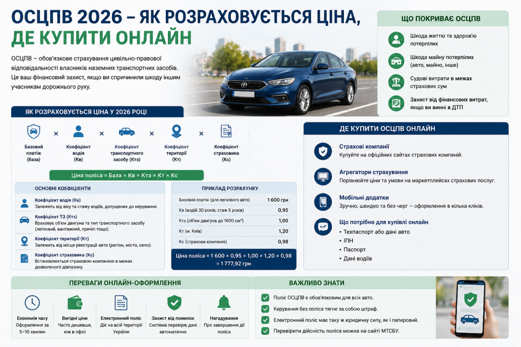 Інфографіка про ОСЦПВ: формула розрахунку ціни полісу, основні коефіцієнти, приклад розрахунку, де купити онлайн та що покриває страховка