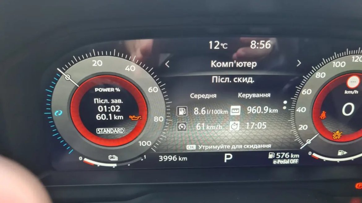 Панель приладів авто з показником середньої витрати палива 8,6 л на 100 км