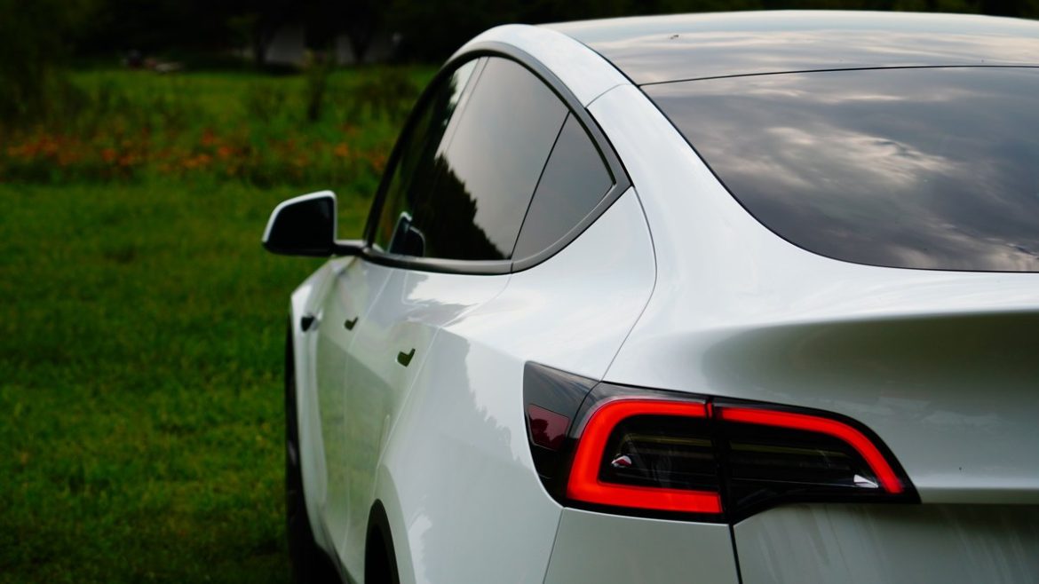 Біла Tesla Model Y, вид ззаду