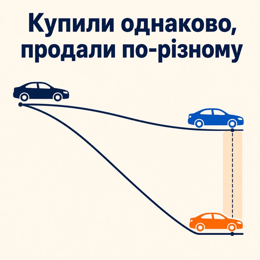 Дві машини куплені за однакові гроші, через шість років коштують по-різному