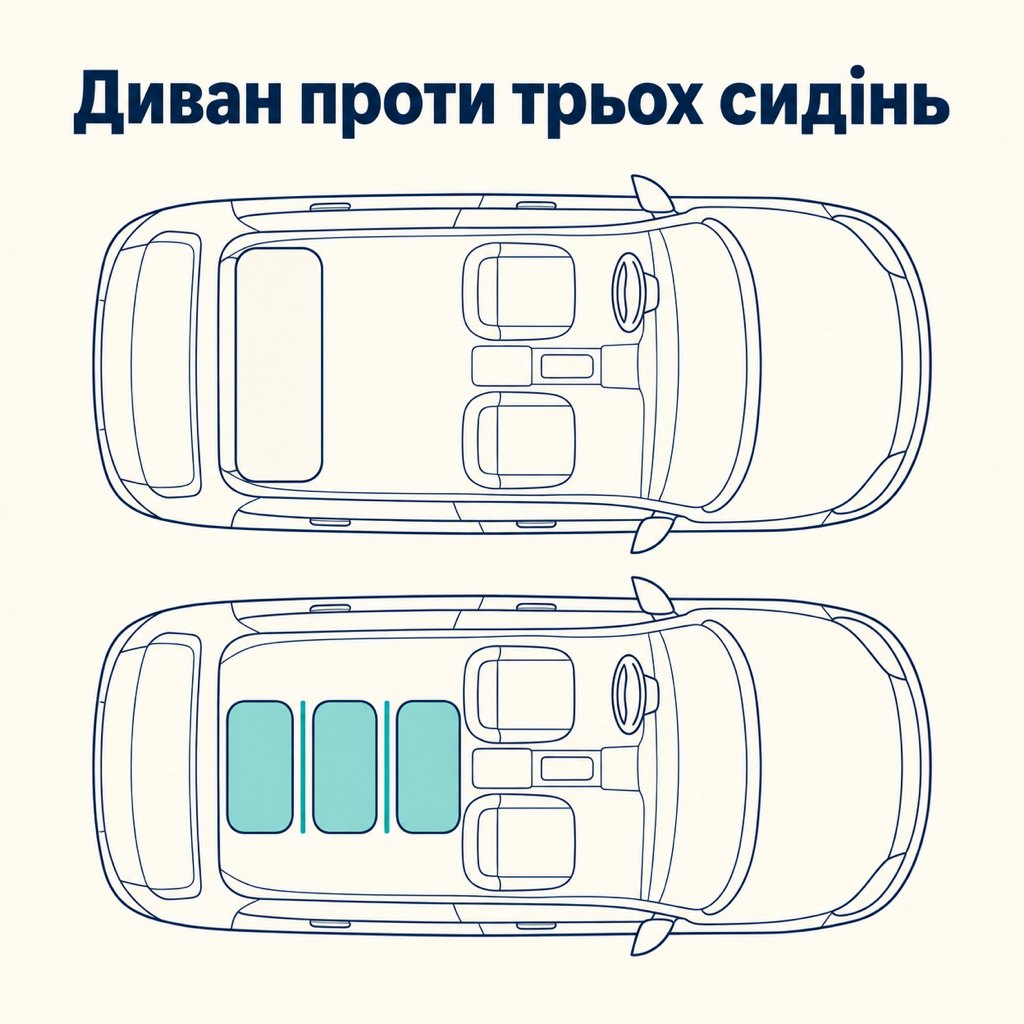 Порівняння згори: суцільний диван і три окремі сидіння в середньому ряду