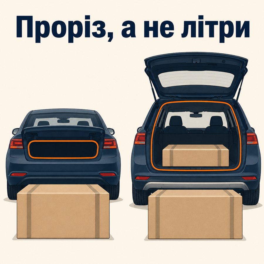 Однакова коробка не проходить у проріз багажника седана, але вільно входить в універсал