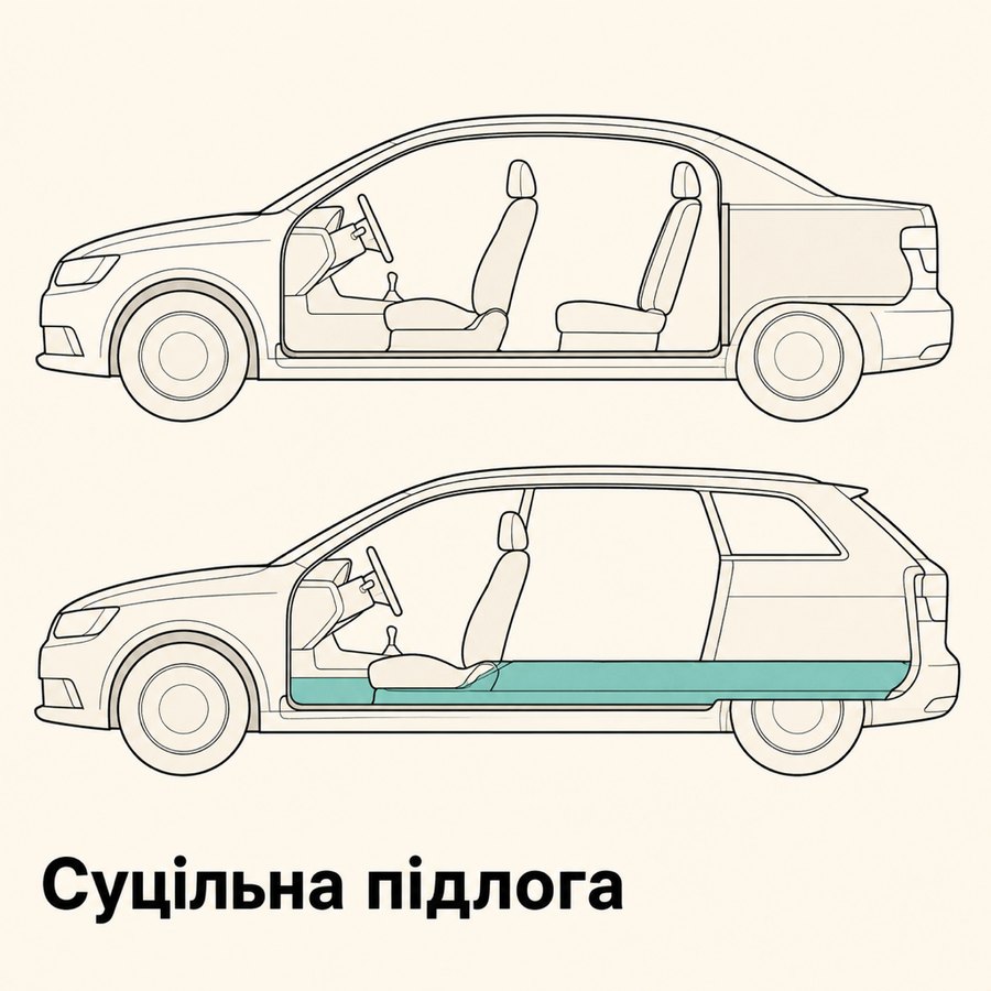 Розріз кузова: у седана простір поділений перегородкою, в універсала суцільна підлога