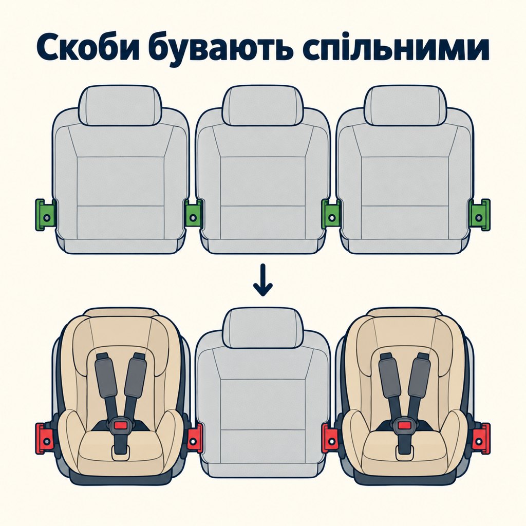 Схема: два бічні крісла займають внутрішні скоби ISOFIX і місця для третього не лишається