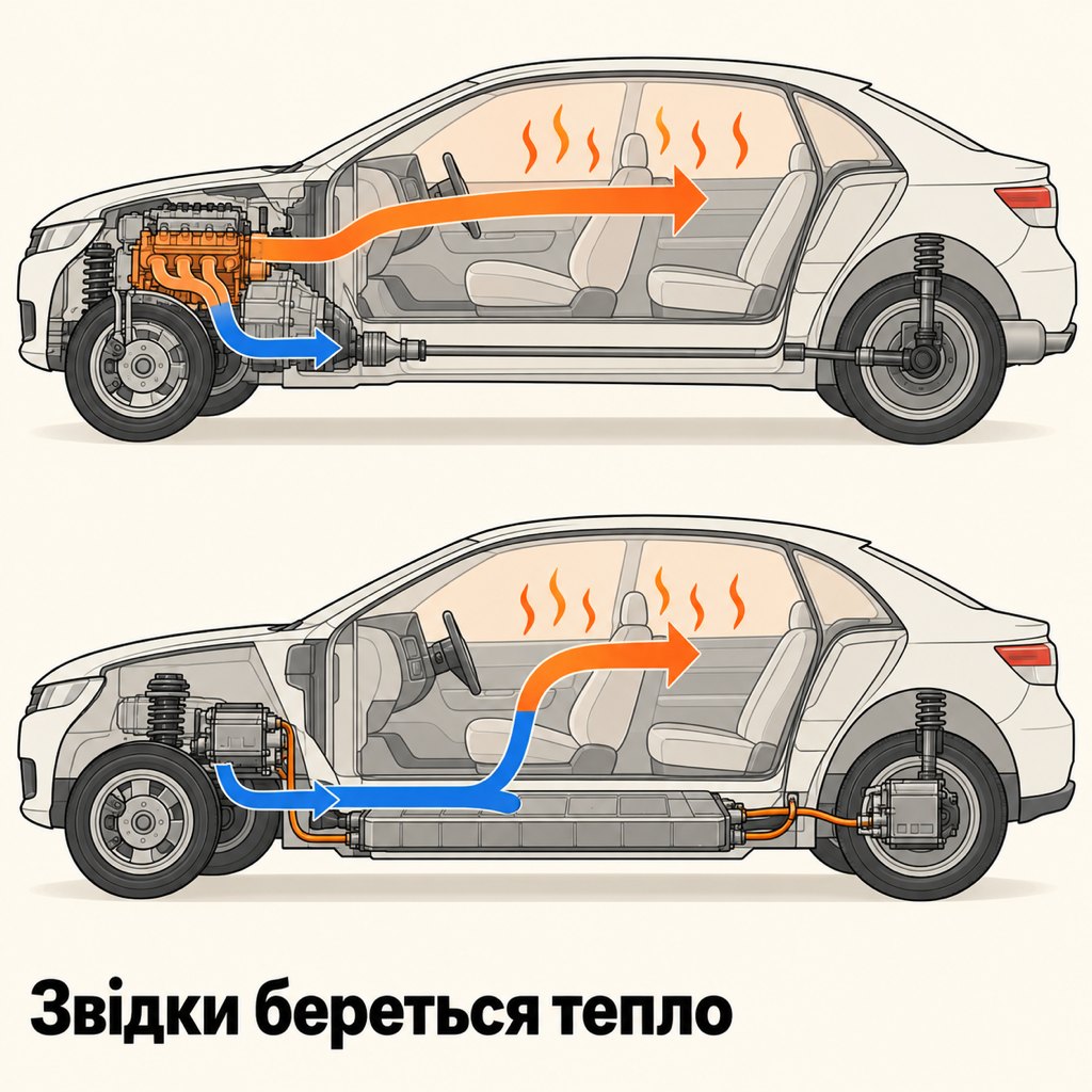 Схема: звідки береться тепло для салону в бензиновому авто і в електромобілі